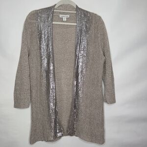 Coldwater Creek Metallic Trim Linen Cotton Cardigan Size 16 Open Front Sweater
